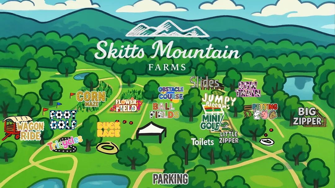 Illustrated map of Skitts Mountain Farms — corn maze, wagon ride, mini-golf, flower field, jump pads, big zipper, food, pumpkins, and more